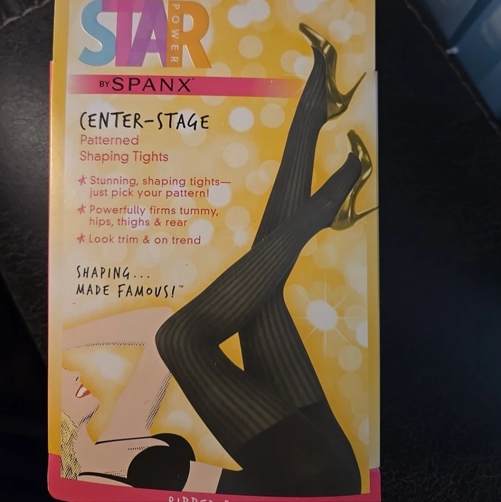 Star Power By Spanx  Black Ribbed Shaping Tights Size E New